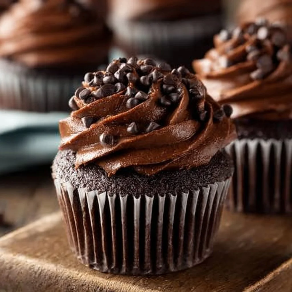 Delicious ultimate double chocolate cupcakes topped with chocolate frosting