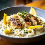 Bowl of zesty lemon chicken orzo with fresh herbs and lemon slices