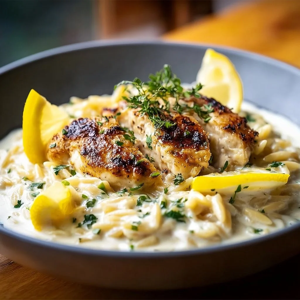 Bowl of zesty lemon chicken orzo with fresh herbs and lemon slices